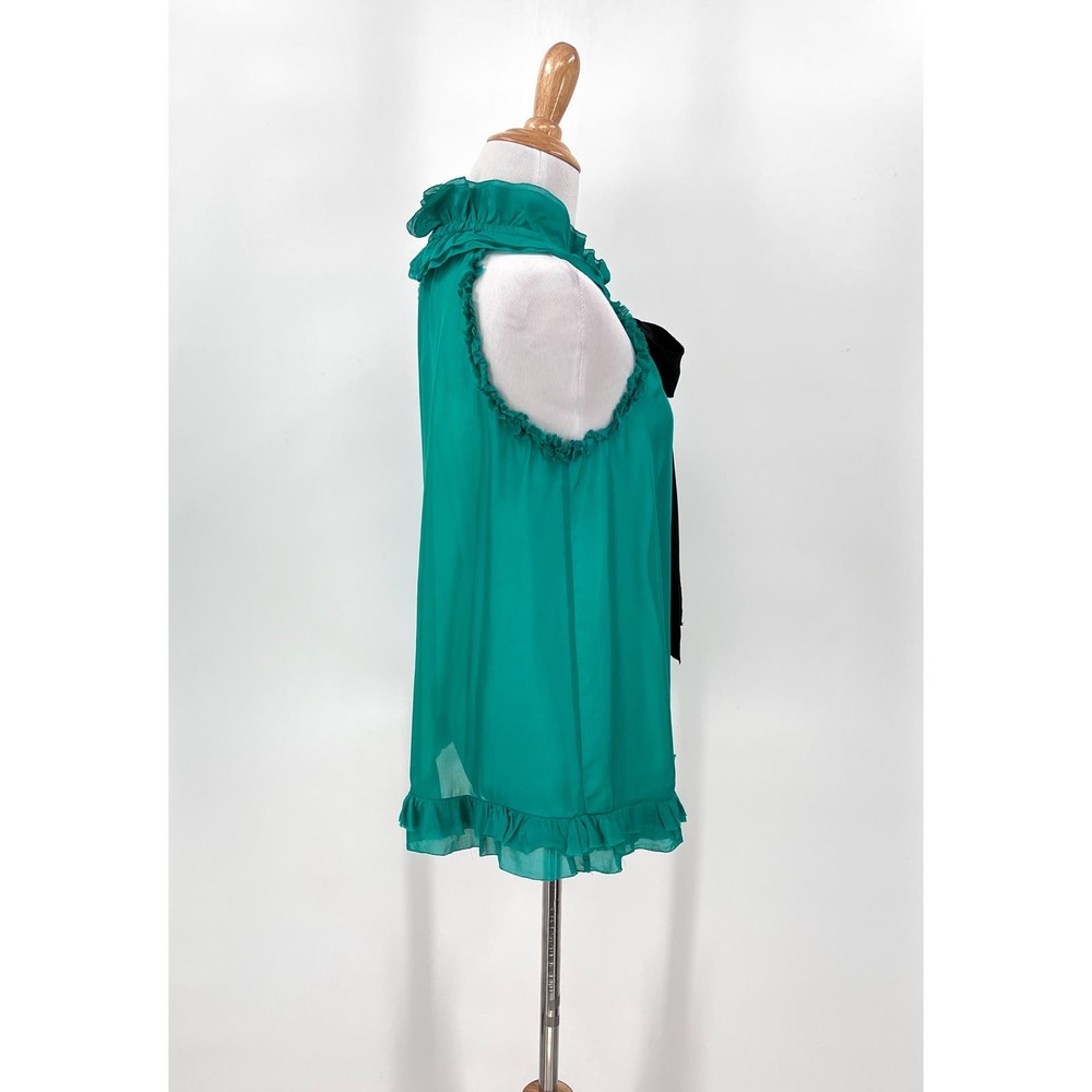 DOLCE & GABBANA Silk Sleeveless Top Womens 40 Green Black Ruffle Bow Blouse - Picture 3 of 16